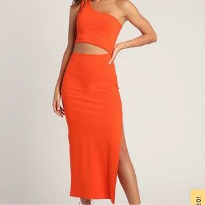 Spice Things Up Orange Ribbed One-Shoulder Cutout Midi Dress